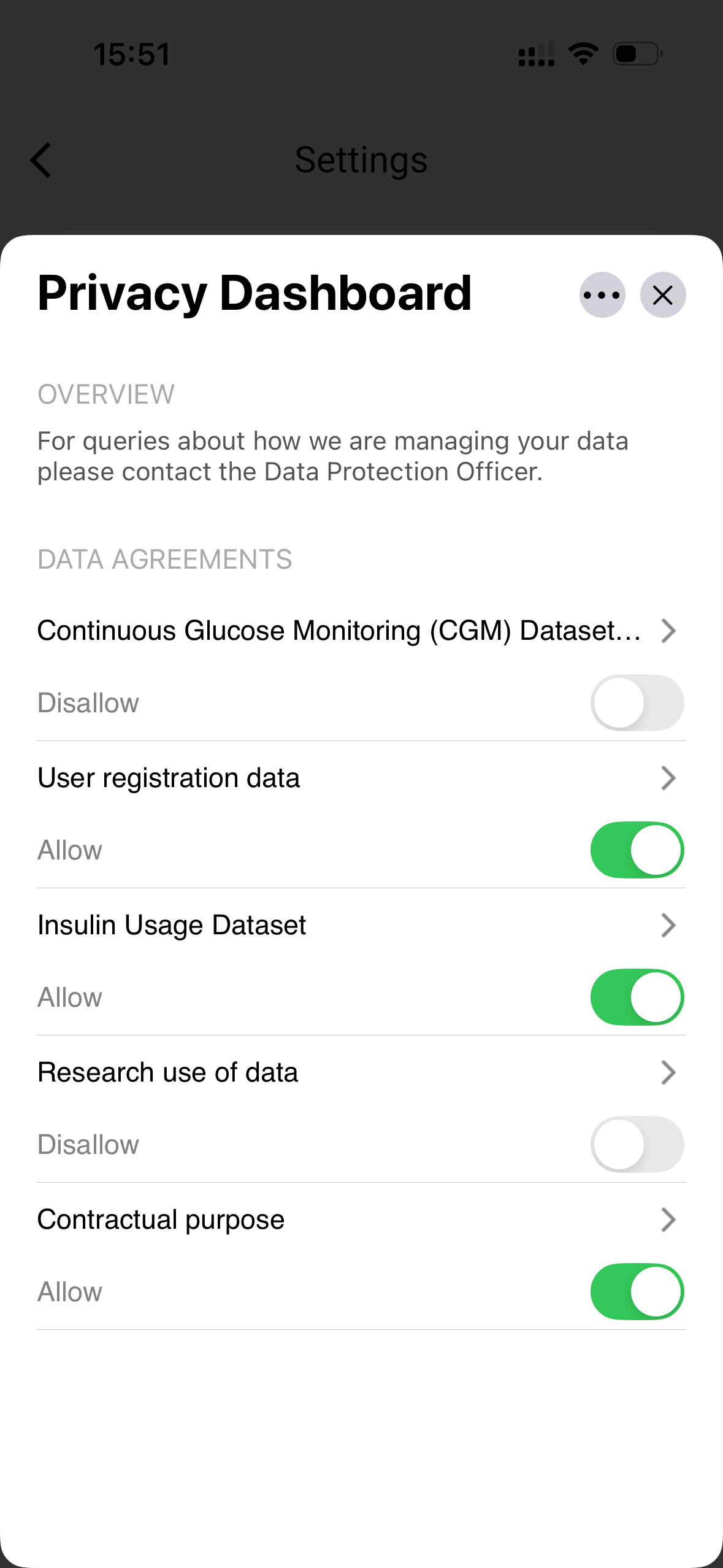 Privacy Dashboard showing data agreements with Allow/Disallow toggles